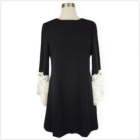 Tahari Black Crepe with Ivory Lace Cuff Sleeve Shift Mini Dress NWT NEW 2P - Picture 2 of 5